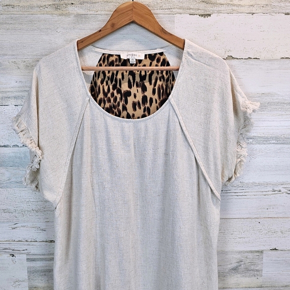 Umgee Womens Boho Linen Cotton Fringe Leopard Print Top 2X Oatmeal Neutral Chic - Picture 6 of 12